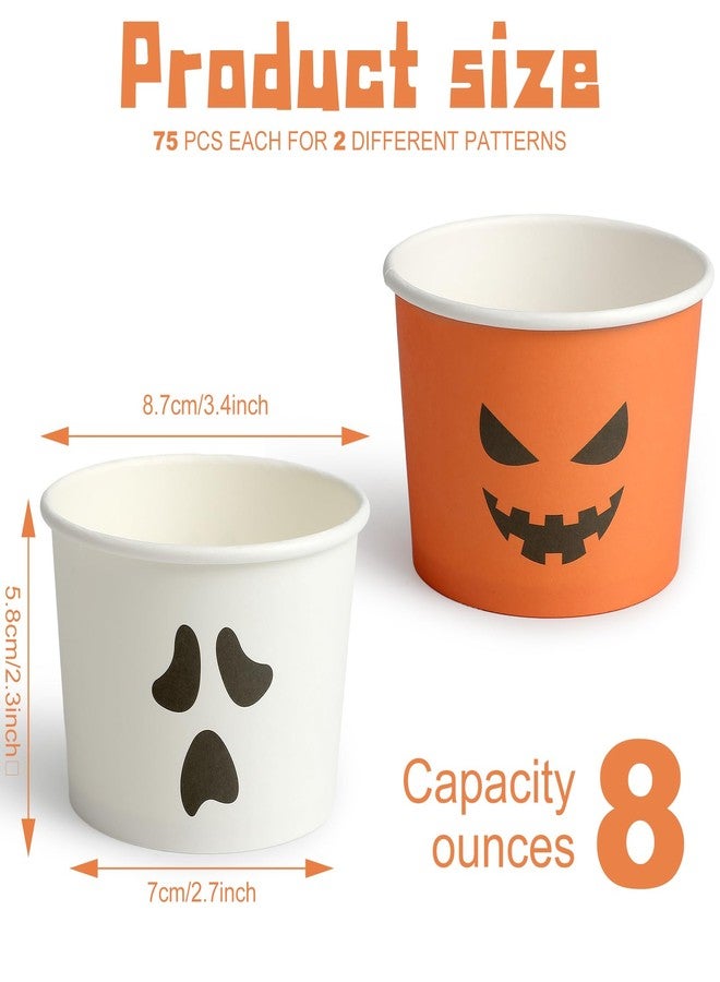 Uiifan 150 Pcs Halloween Treat Snack Cups 8 Oz Disposable Pumpkin Ghost Bowls Spooky Disposable Paper Cup White Orange Paper Cup Dessert Ice Cream Bowls Food Tasting Cups for Halloween Party Supplies - Image 2